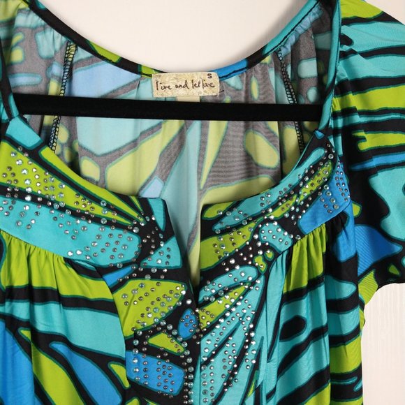 Live & Let Live Dress Womens Size S Blue Green Beaded Polyester Flutter Sleeve - Picture 3 of 11